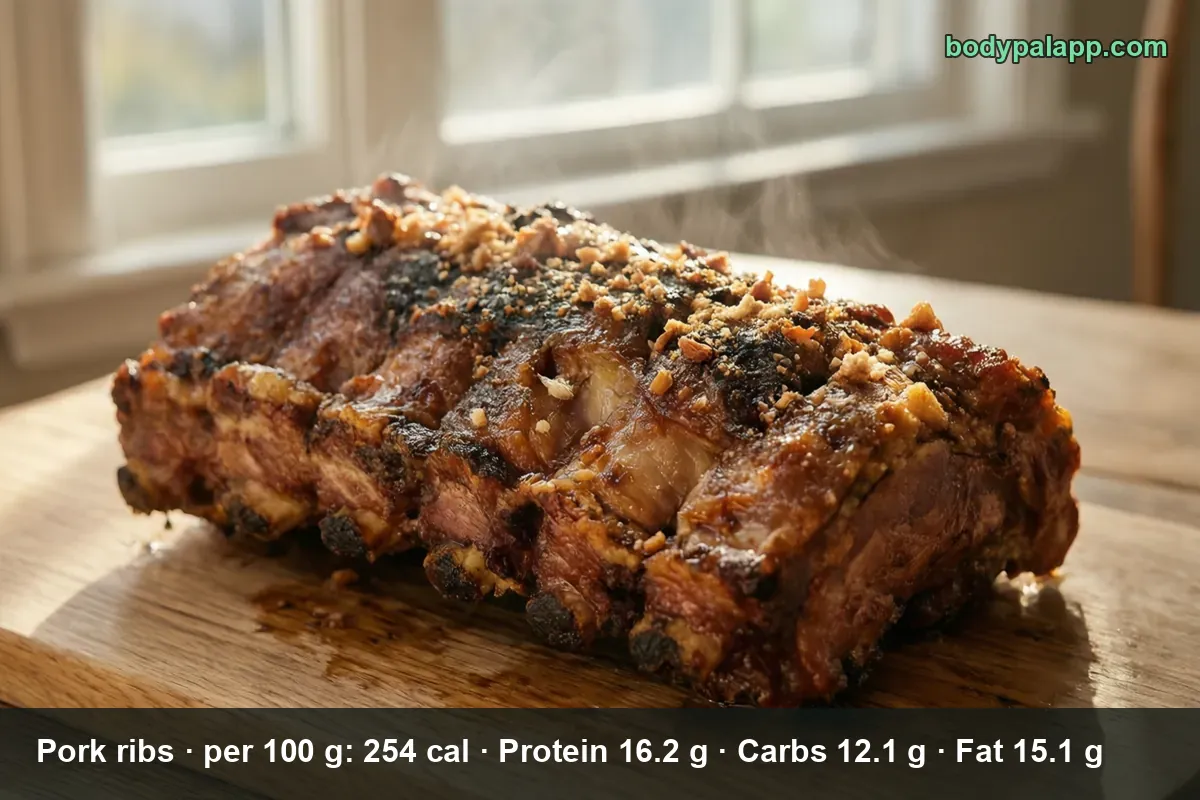Close-up of a whole roasted glazed pork rib rack on a wooden board, steam rising