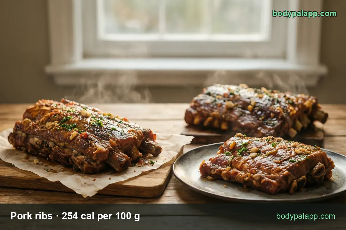 Three glazed roasted pork rib racks with parsley; chips read 3 ribs (105 g) 267 cal and 1 rib (35 g) 89 cal
