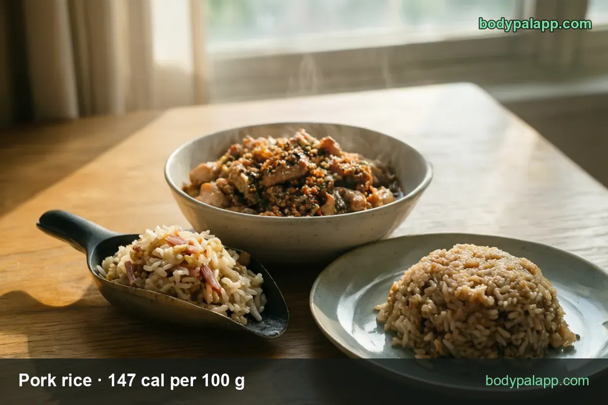 Bowl of stewed minced pork with sesame, scoop of white rice with ham, domed plate of brown rice; 1 cup 319 cal, 1/2 cup 159 cal