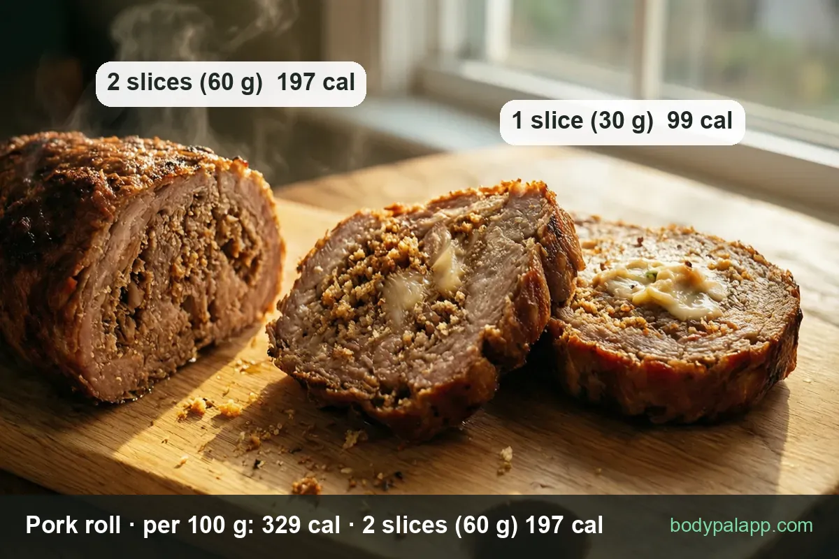 Roasted pork roll on a board with two thick slices showing spiral cheese filling; 2 slices (60 g) 197 cal, 1 slice (30 g) 99 cal