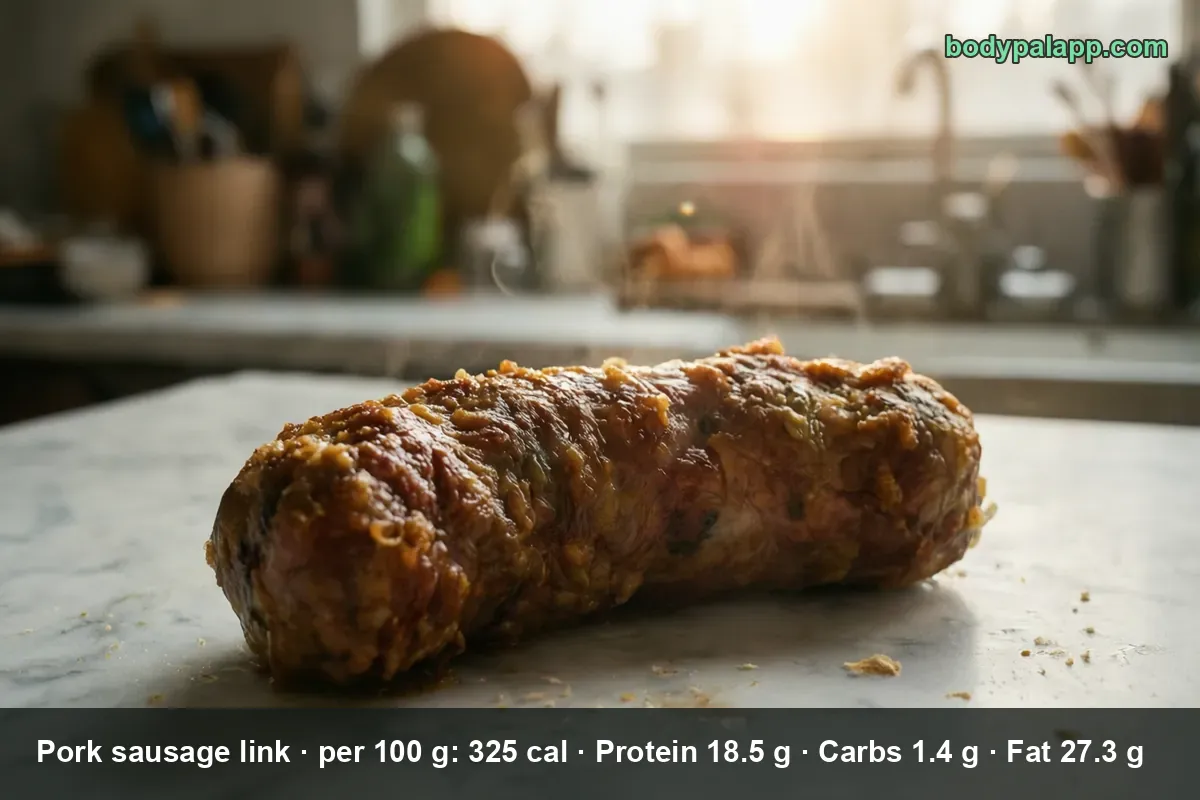 One cooked pork sausage link without casing, crumbly ground meat texture, on a marble counter