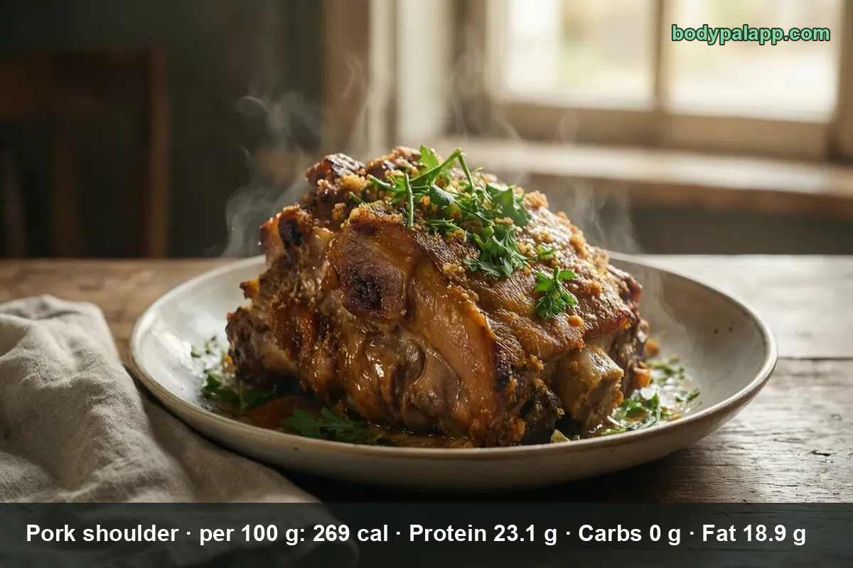 A roasted bone-in pork shoulder with crisp golden skin on a white plate - 229 calories per 3 oz serving