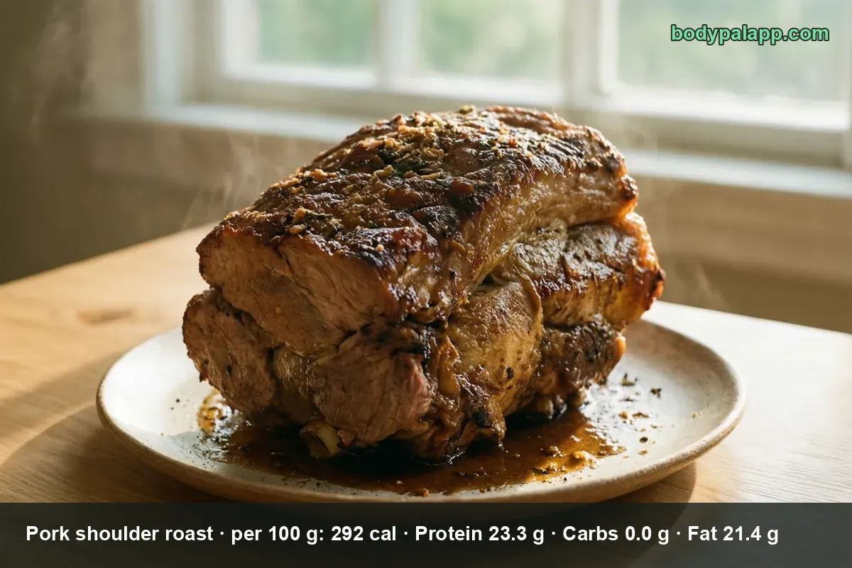 Whole roasted pork shoulder with herb seasoning on a plate, steam rising from the crust