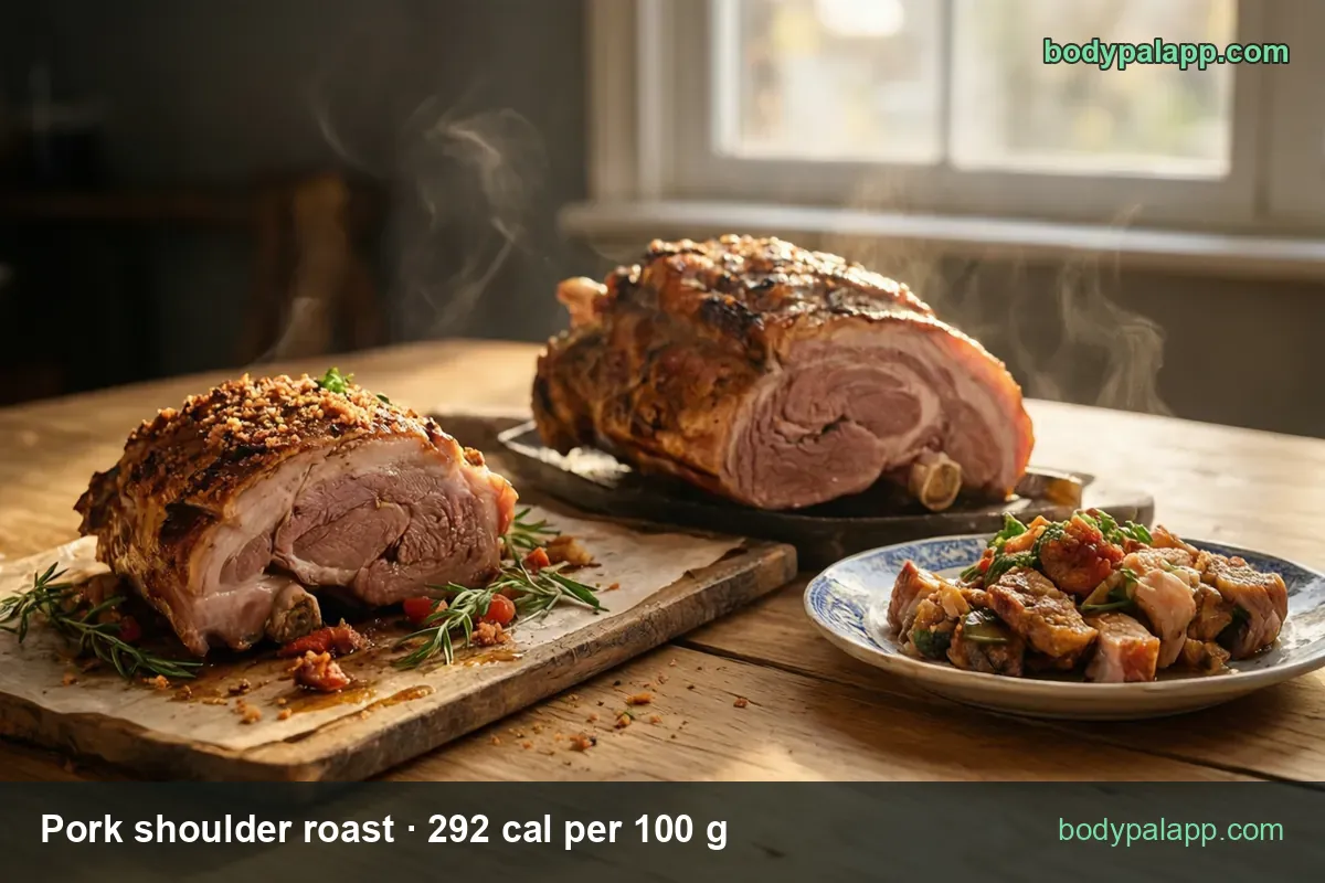 Two roasted pork shoulders, one sliced on a board with rosemary, and a plate of sliced roast with vegetables; 3 oz 248 cal, 1 cup 394 cal
