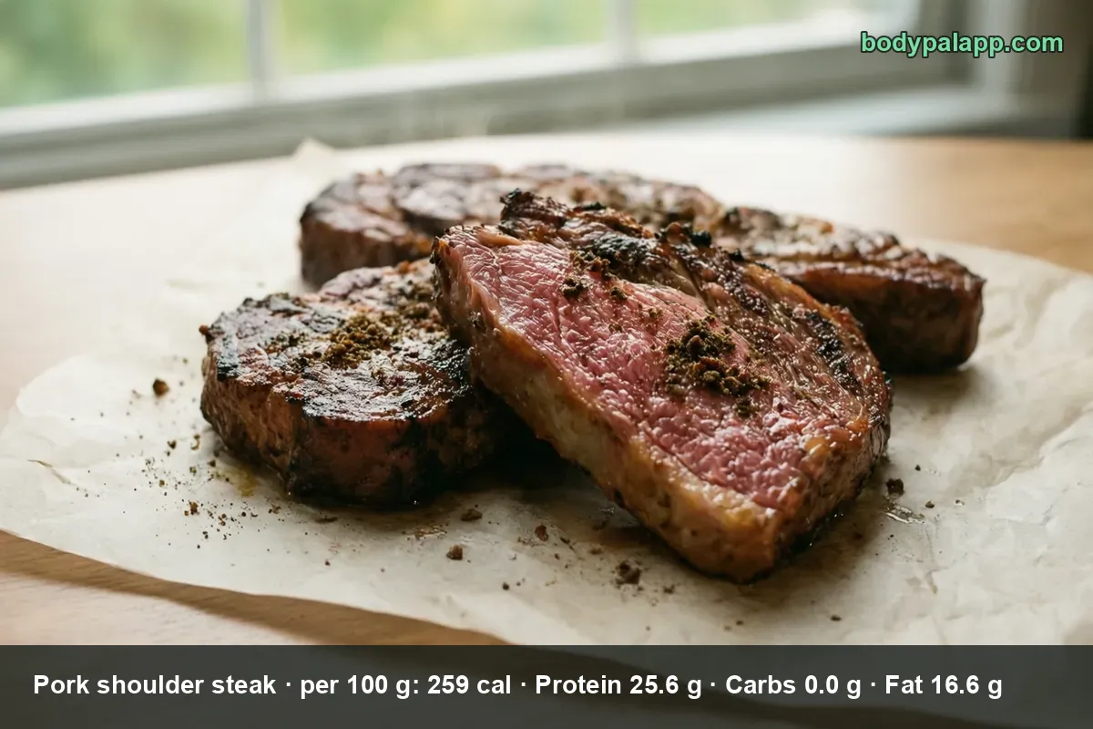 Three grilled pork shoulder steaks on paper, one sliced open to show a pink center.