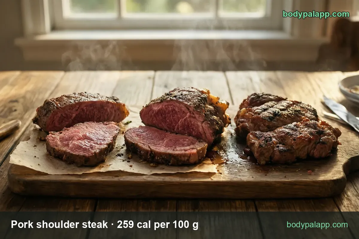 Board with sliced, cut and whole grilled pork shoulder steaks; chips show 1 steak 169 g 438 cal and 3 oz 85 g 220 cal.