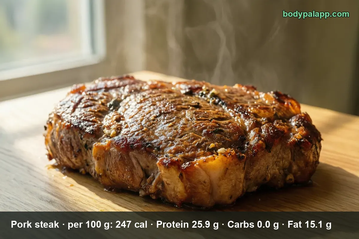 Thick grilled pork steak with a seared crust resting on a wooden board, steam rising.