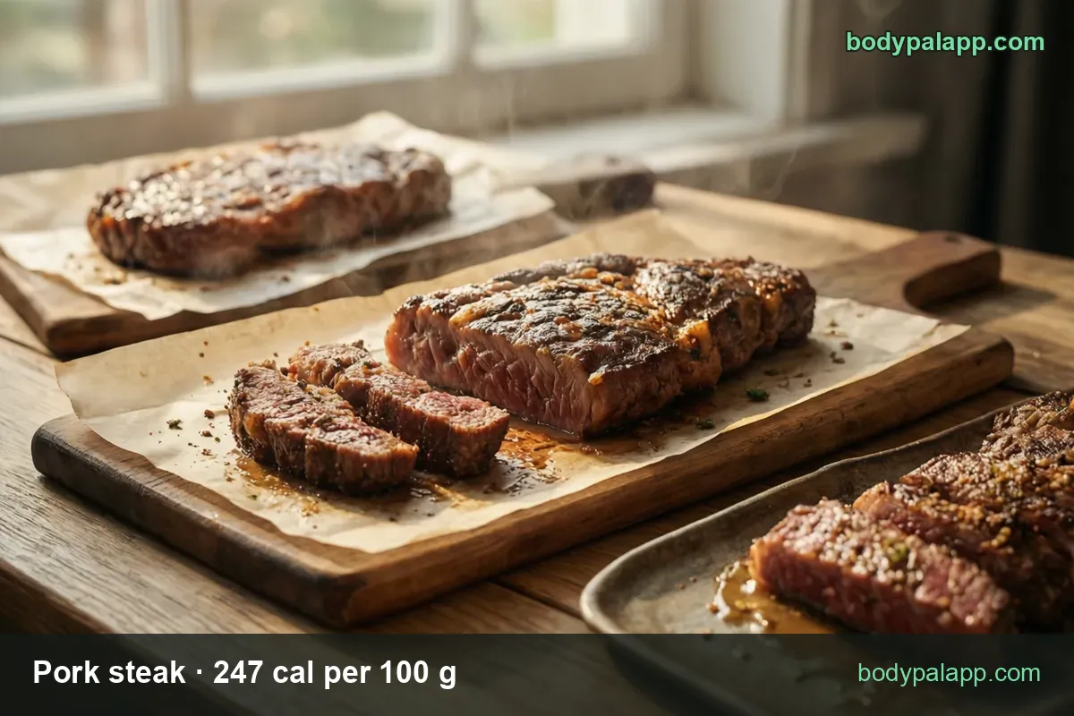 Sliced grilled pork steak with pink center on a board, whole steak behind and two pieces on a metal tray; 1 steak 120 g and 1 slice 30 g.