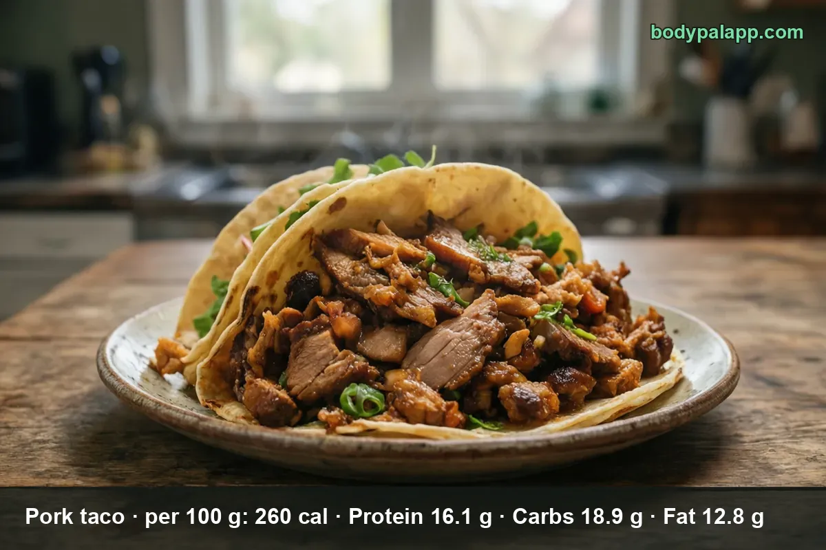 Soft flour tortilla pork taco with carnitas pieces on a plate