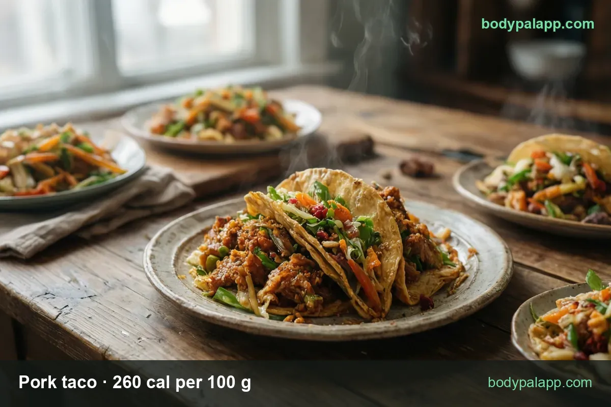 Two crispy pork tacos with cabbage, carrot, pomegranate and onion; 1 taco (105 g) 273 cal, 1 large taco (160 g) 416 cal