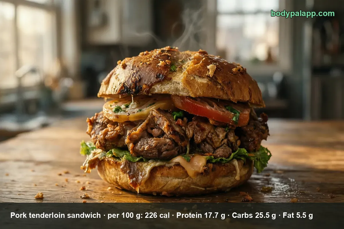 Pork tenderloin sandwich with dark roasted pork slices, tomato and lettuce in a bun.