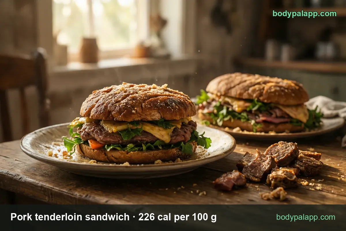 Pork sandwich on a whole-grain bun with cheese and arugula, roast pork slices behind; 1 sandwich 115 g and half sandwich 58 g.