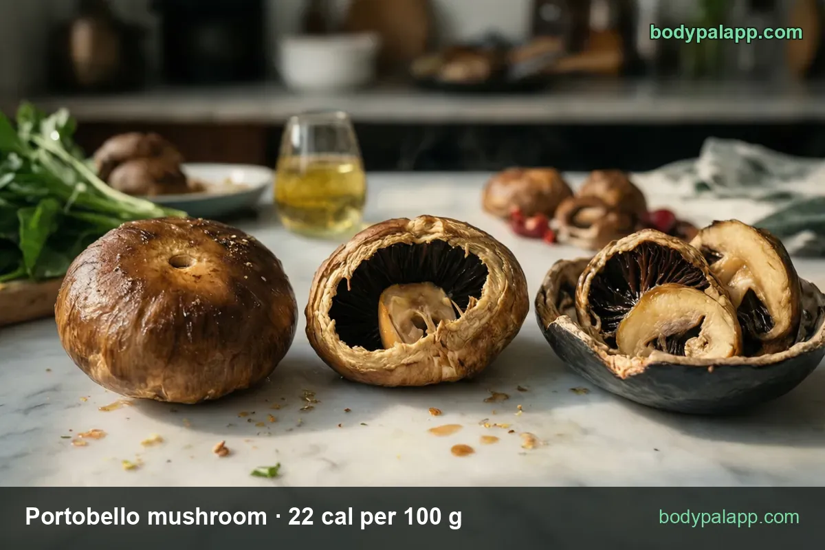 Three portobello servings on marble: whole cap, gills-up cap, bowl of grilled slices; 1 whole cap (84 g) 18 cal, 1 cup diced (86 g) 19 cal.
