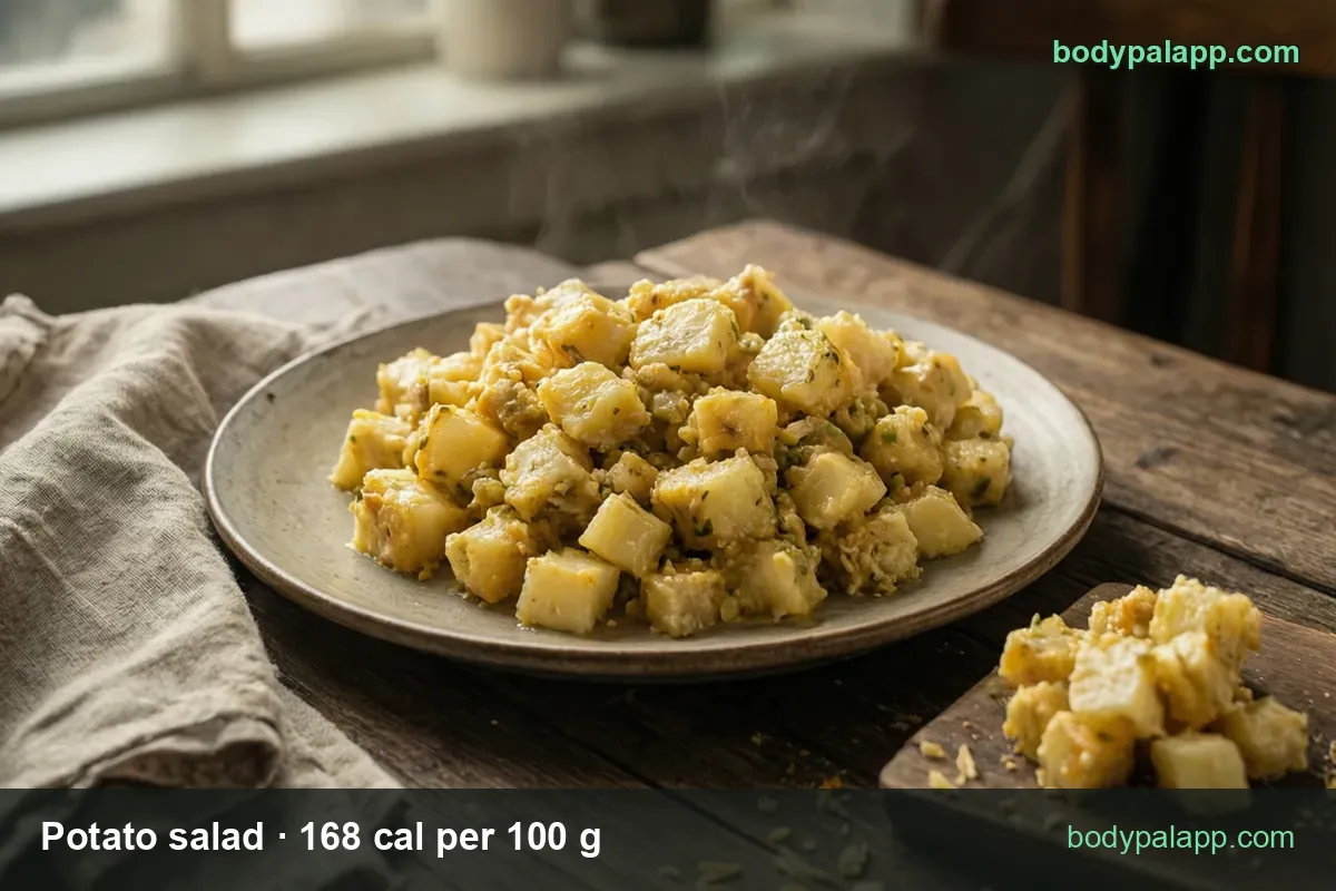 Cubed potato salad in mustard-mayo dressing with herbs beside a board of cubes; 1 cup (275 g) 462 cal, 1/2 cup (138 g) 232 cal