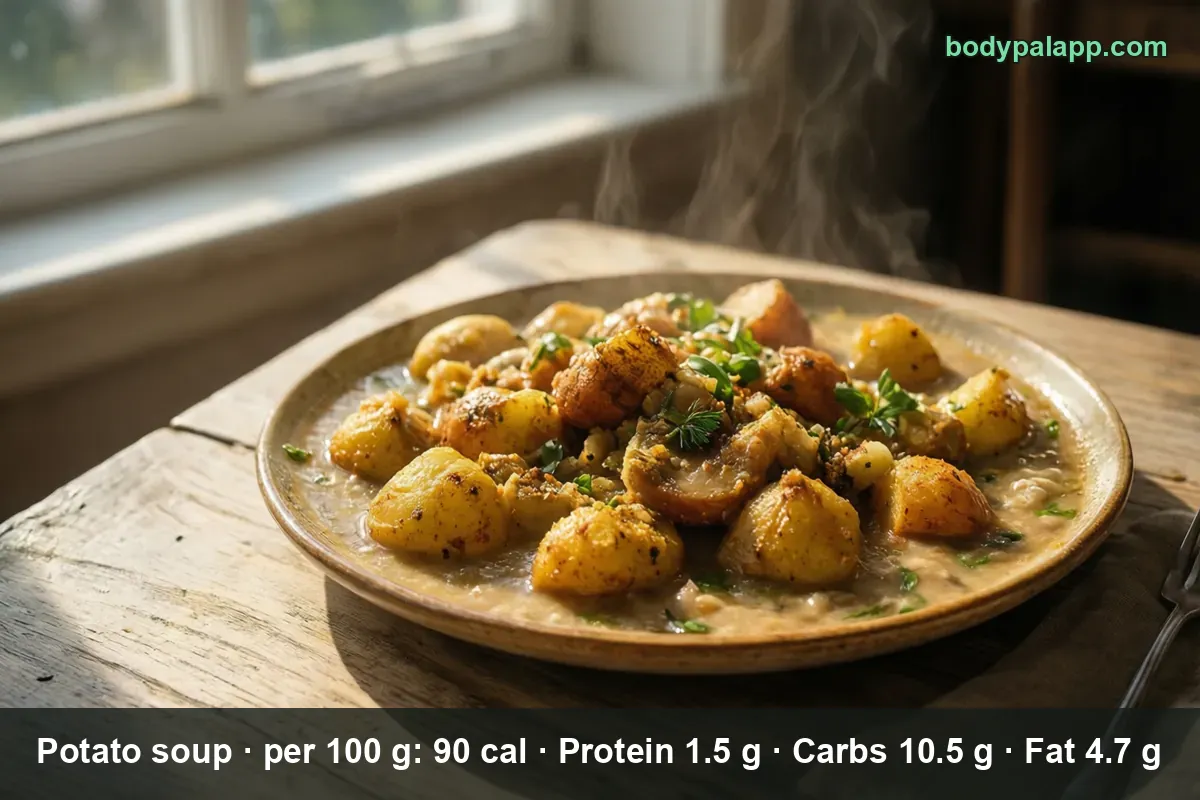 Chunks of potato in a creamy sauce served on a flat plate, sprinkled with fresh herbs.