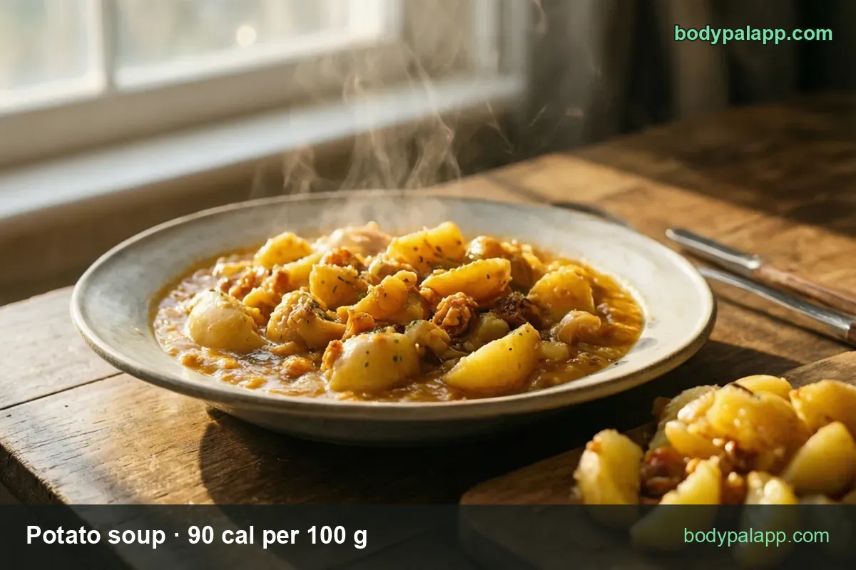 Shallow bowl of potato chunks in thick orange-brown sauce with roasted potato pieces on a board; 1 cup 230 cal, container 396 cal.