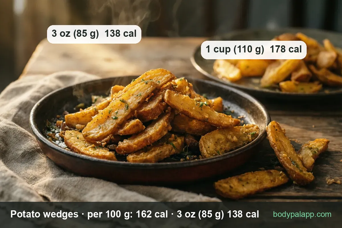Cast-iron skillet of baked seasoned potato wedges with parsley, 3 oz (85 g) 138 cal and 1 cup (110 g) 178 cal.