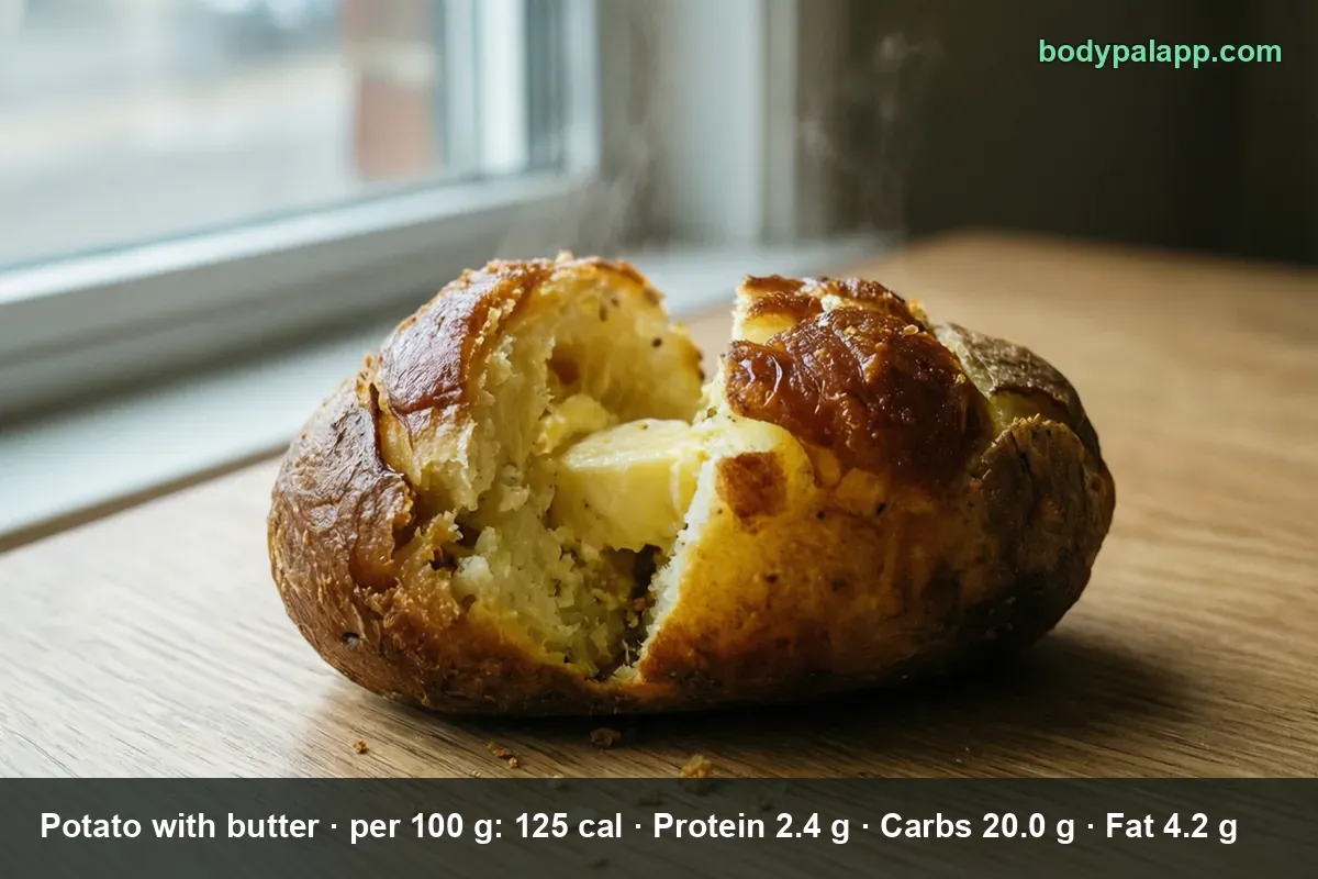 Whole baked potato split open with a pat of butter melting inside, on a wooden board