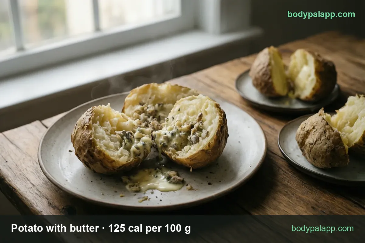 Split baked potato with creamy topping, two plain baked potatoes behind; 1 medium (315 g) 394 cal, 1 cup (160 g) 200 cal