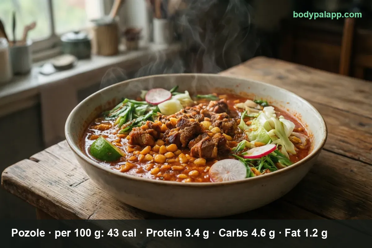 Bowl of red pozole broth with hominy and pork, with garnishes alongside