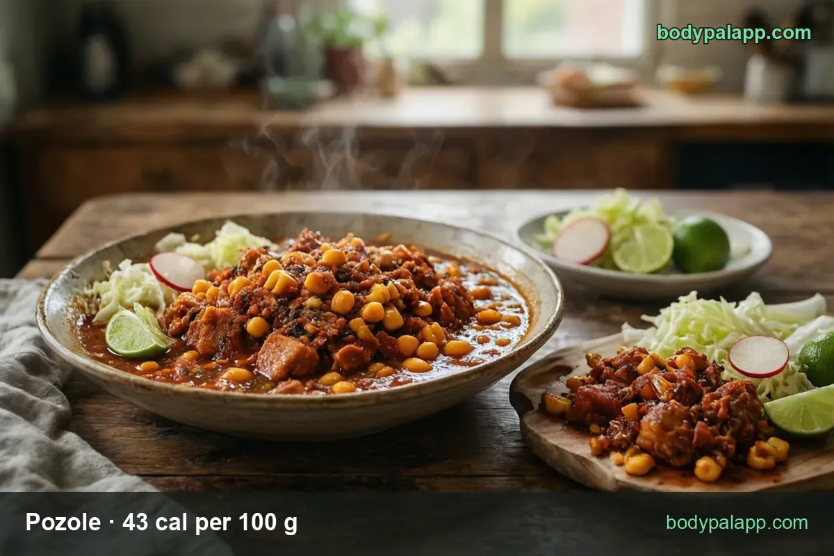 Red pozole with hominy and pork and garnishes, labeled 1 cup (245 g) 105 cal and 2 cups (490 g) 211 cal