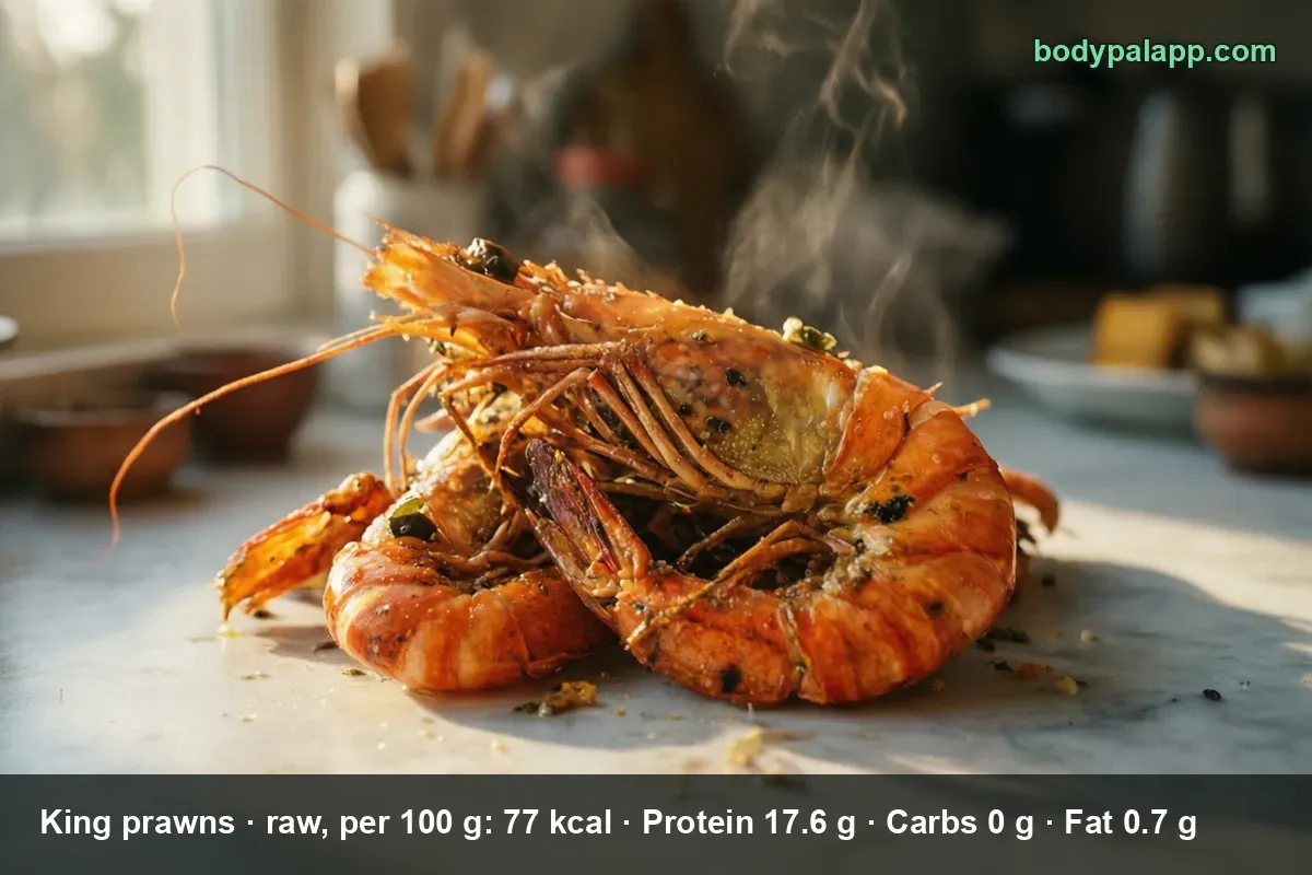 King prawns on a plate - 77 calories per 100 g raw