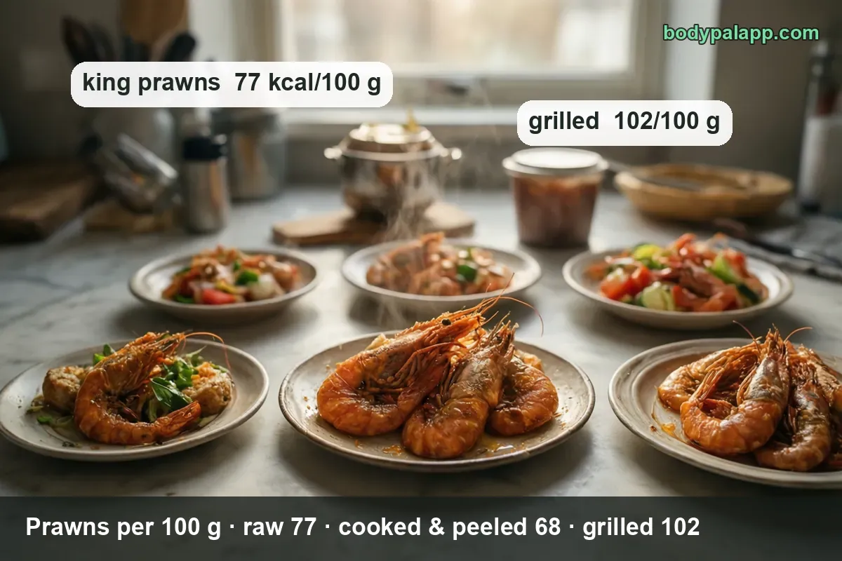Prawns raw, grilled, in curry and as prawn crackers - calories compared