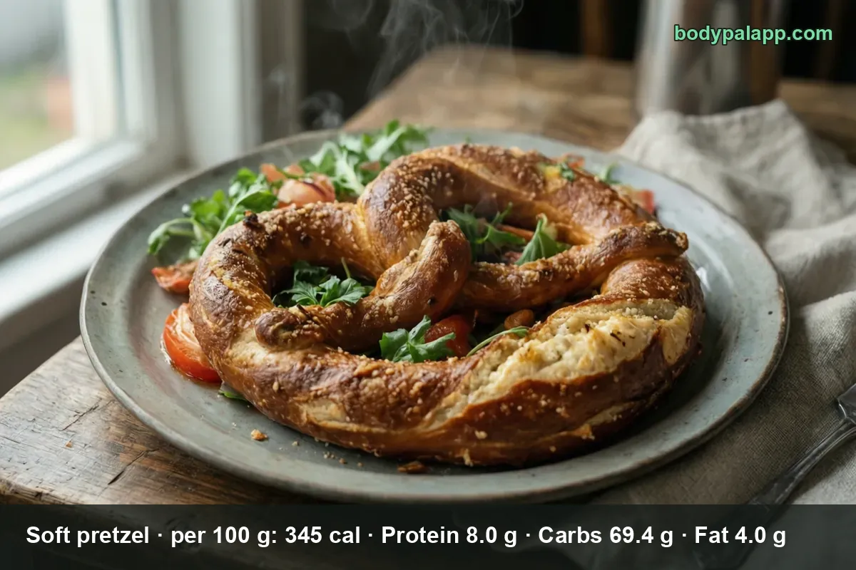 One large soft pretzel on a plate with arugula and tomatoes, 345 calories per 100 g