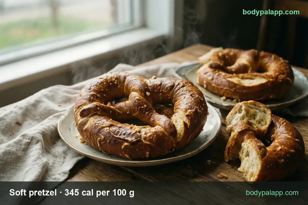 Two whole soft pretzels on two plates with a torn piece: 1 medium (120 g) 414 cal and 1 large (143 g) 493 cal