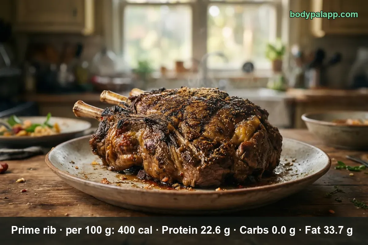 Whole uncarved prime rib roast with bones sticking out, seasoned crust, photographed outdoors with no cut surface showing
