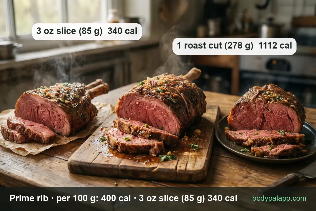 Roasted prime rib portions with pink medium-rare centers and seasoned crust; 3 oz slice 340 cal, 278 g roast cut 1112 cal