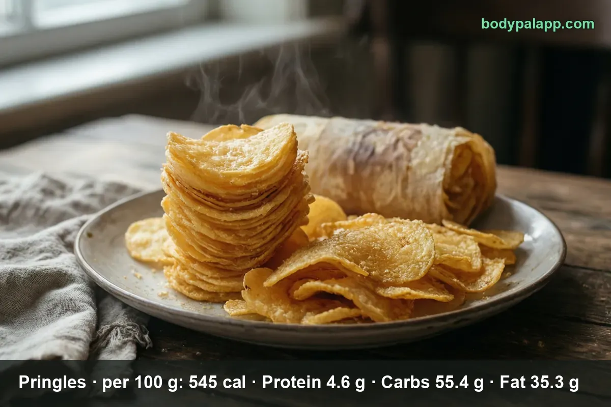 Stack of stacked potato crisps beside a rolled crisp on a plate