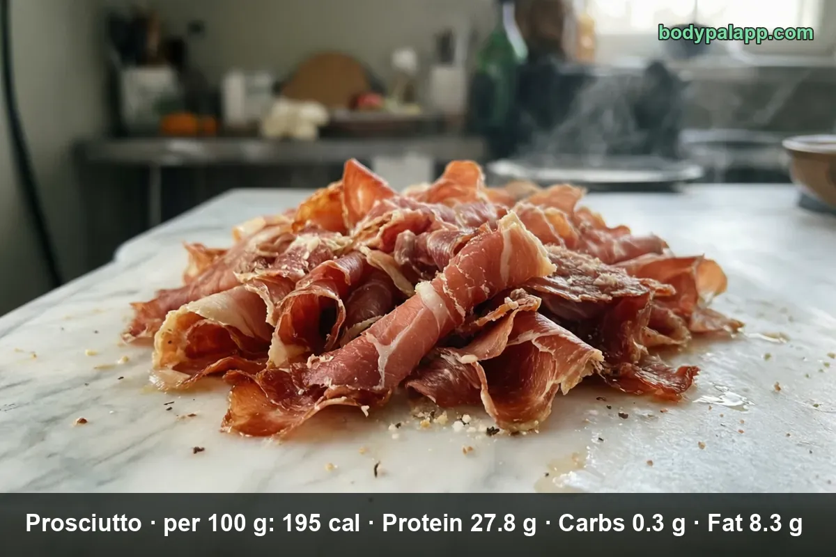 Pile of thin folded prosciutto slices with white fat marbling on a marble surface
