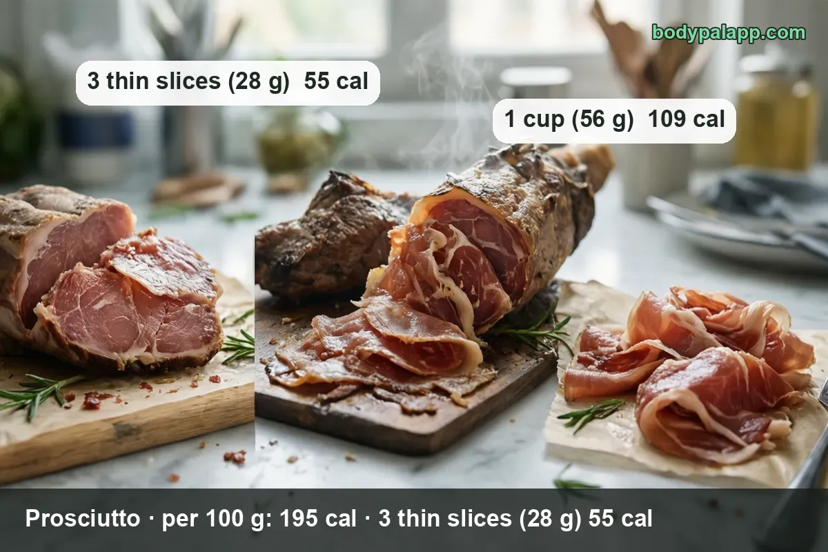 Prosciutto leg with thick and thin slices and folded thin slices on paper - 3 thin slices (28 g) 55 cal, 1 cup (56 g) 109 cal