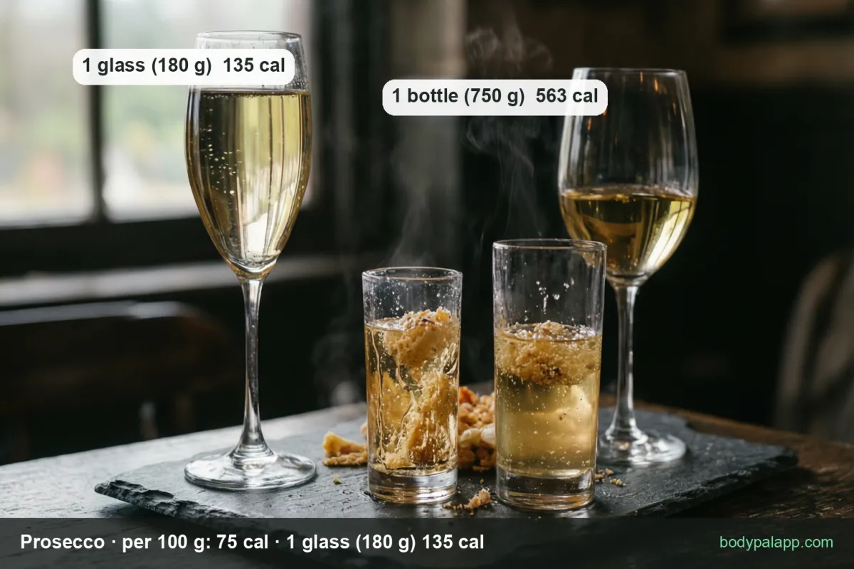 Flute of prosecco with bubbles, a small cordial glass and a green bottle on a wooden table, with 1 glass (180 g) 135 cal and 1 bottle (750 g) 563 cal