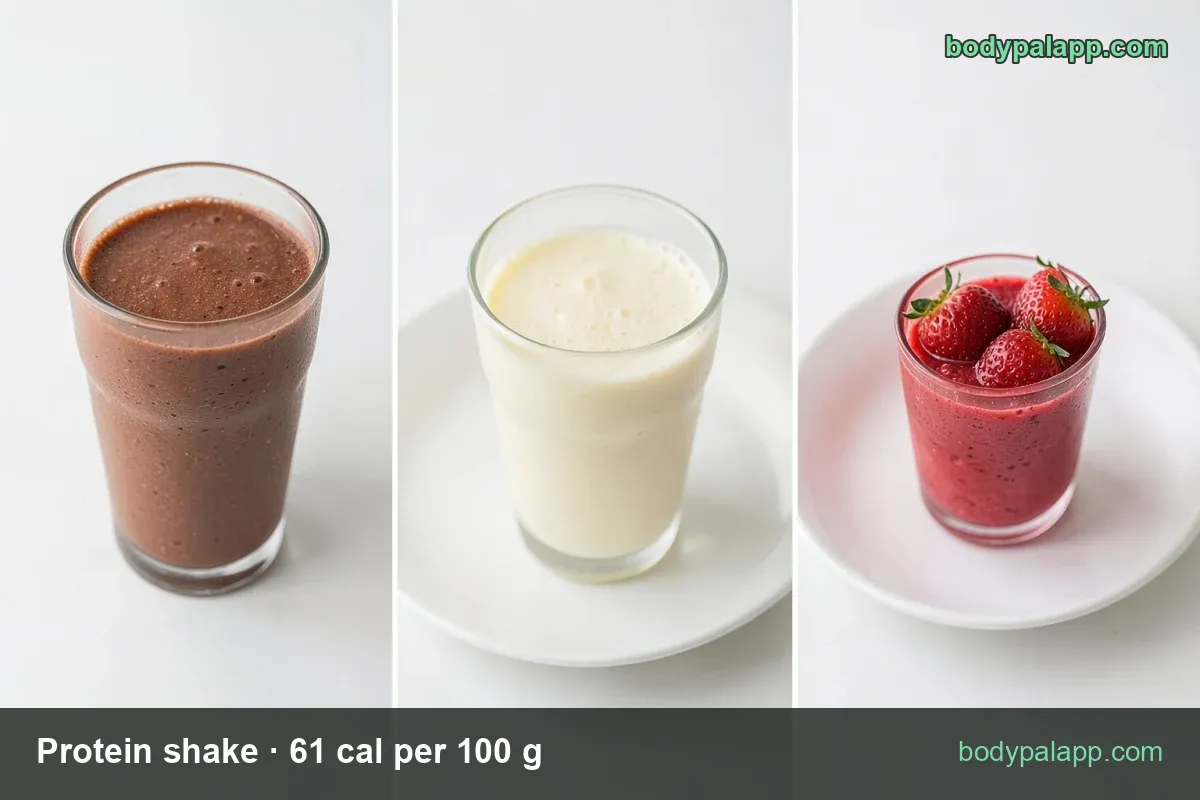 Protein shake with serving chips: 1 cup 256 g 156 cal and 1 bottle 14 fl oz 448 g 273 cal