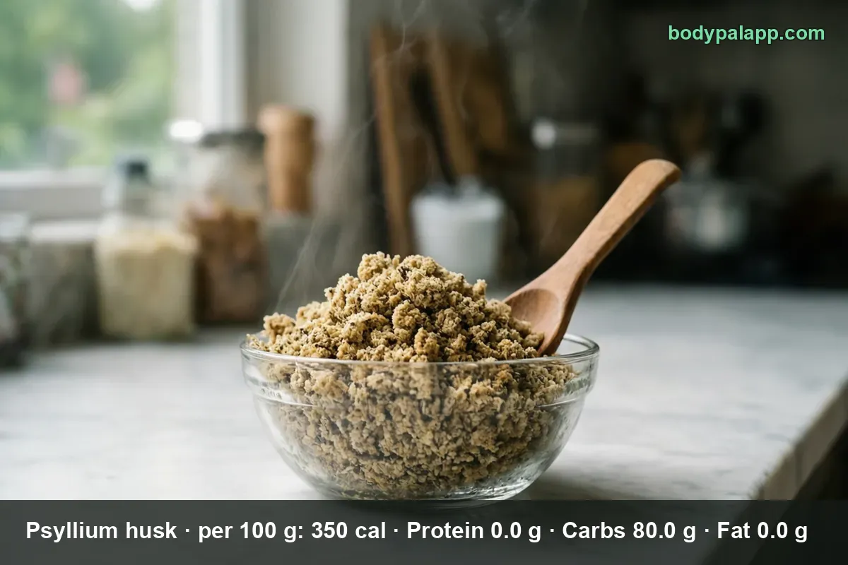 Glass bowl of coarse brown psyllium husk with a wooden spoon resting in it
