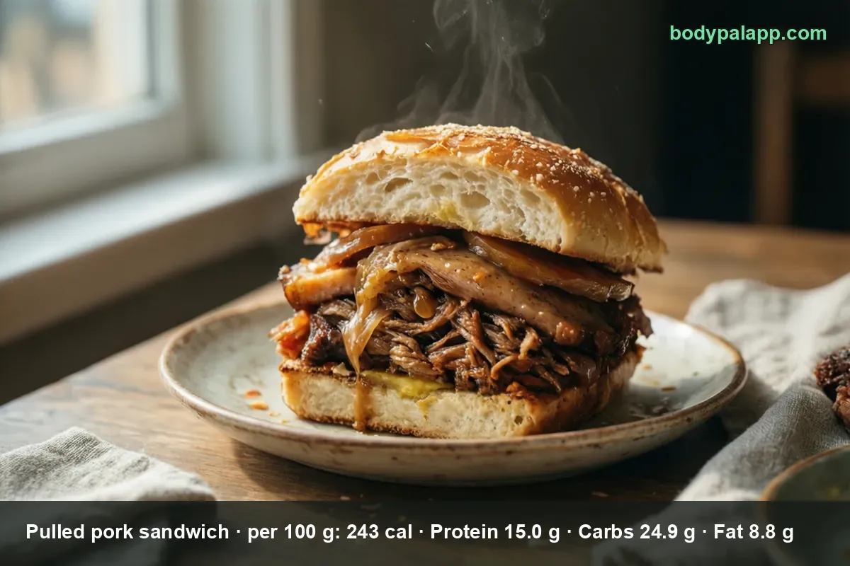 Pulled pork sandwich on a bun with shredded pork, sliced meat and caramelized onion on the side