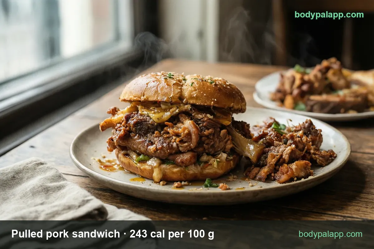 Sesame-bun pulled pork sandwich with melted cheese and onion, pile of shredded pork beside it; 180 g 437 cal, 270 g 656 cal