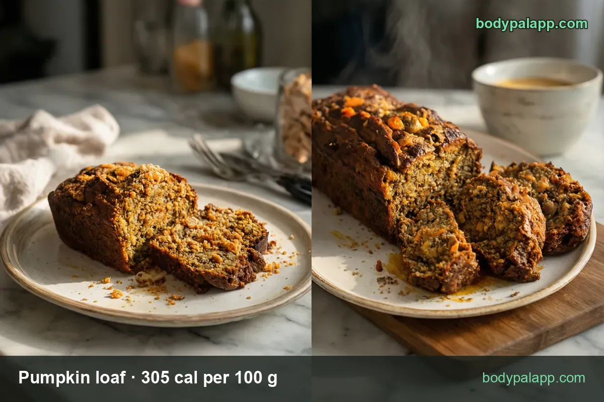 Pumpkin loaf with three cut slices on a plate on a board and a coffee cup behind; chips read 1 slice 60 g 183 cal and 3 slices 180 g 549 cal