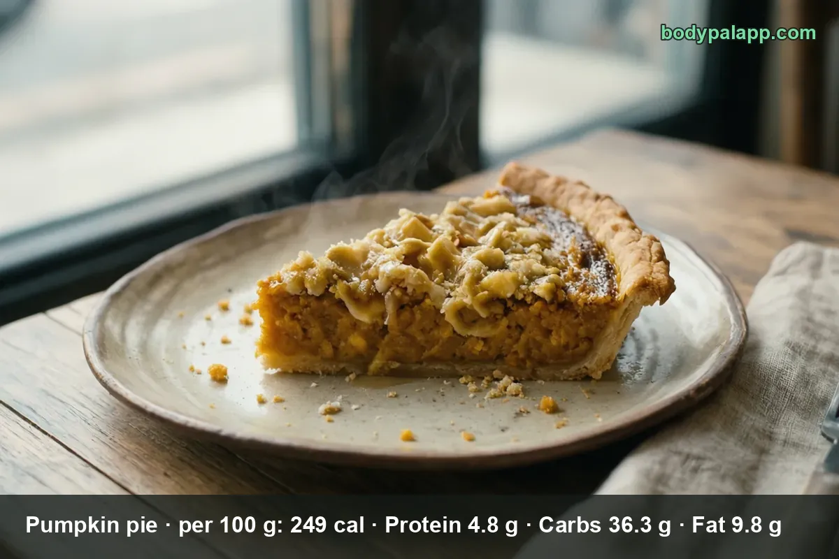 Slice of pumpkin pie on a plate with a flaky crumb topping and a grainy pumpkin filling