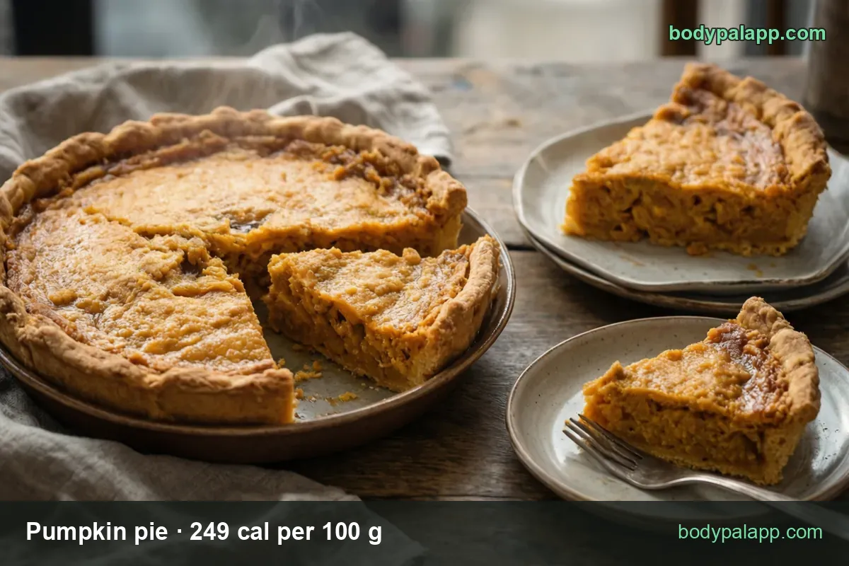 Whole pumpkin pie in a ceramic dish with one wedge cut out and two slices on plates; 1 regular slice (150 g) and 1 mini slice (75 g)