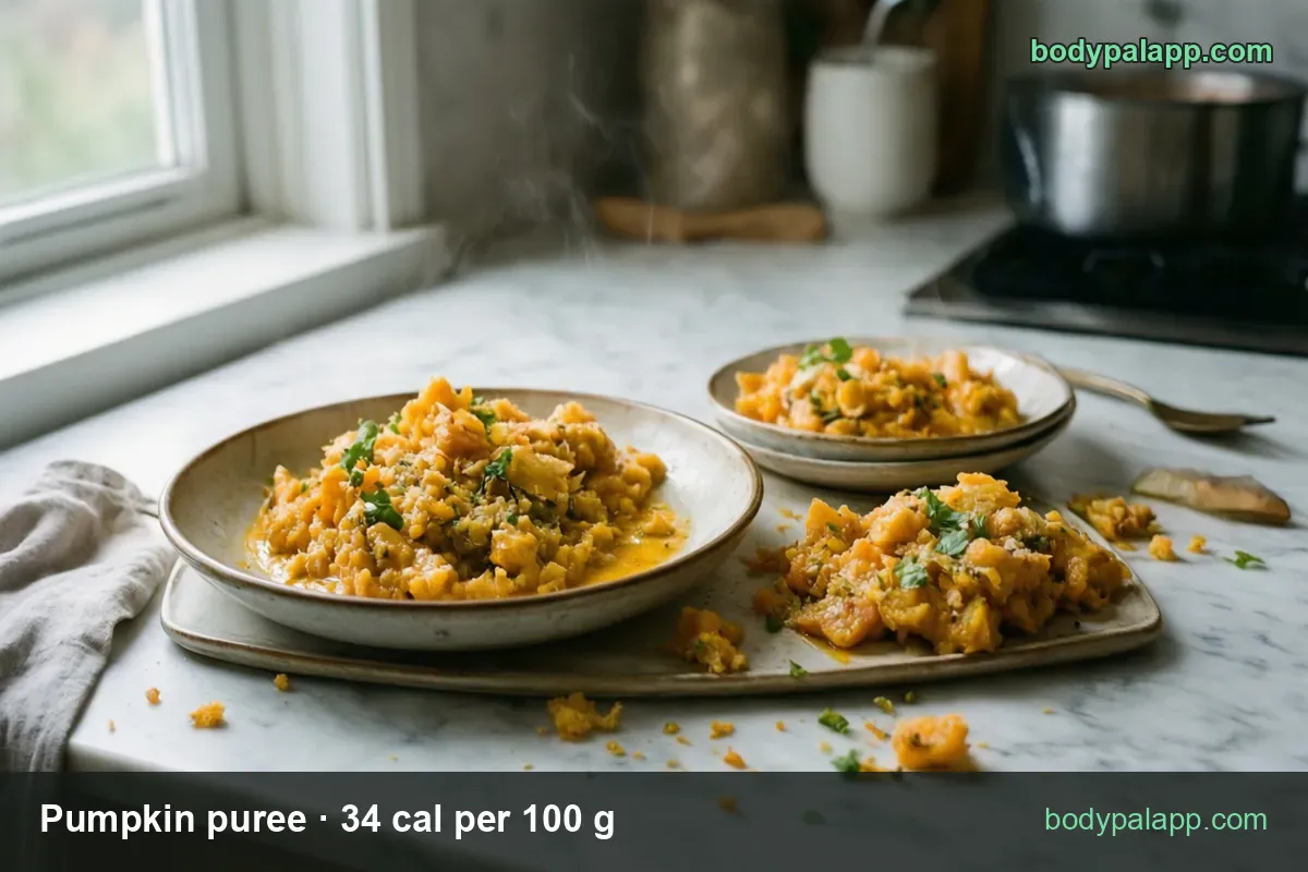 Two servings of orange pumpkin puree on plates, chunky with fresh herbs and oily sauce, labeled 1/2 cup 42 cal and 1 cup 83 cal