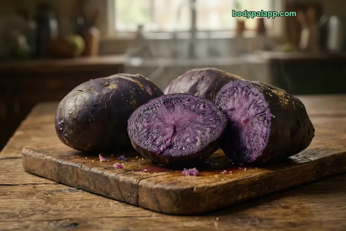 Purple potato, purple variety, baked with skin