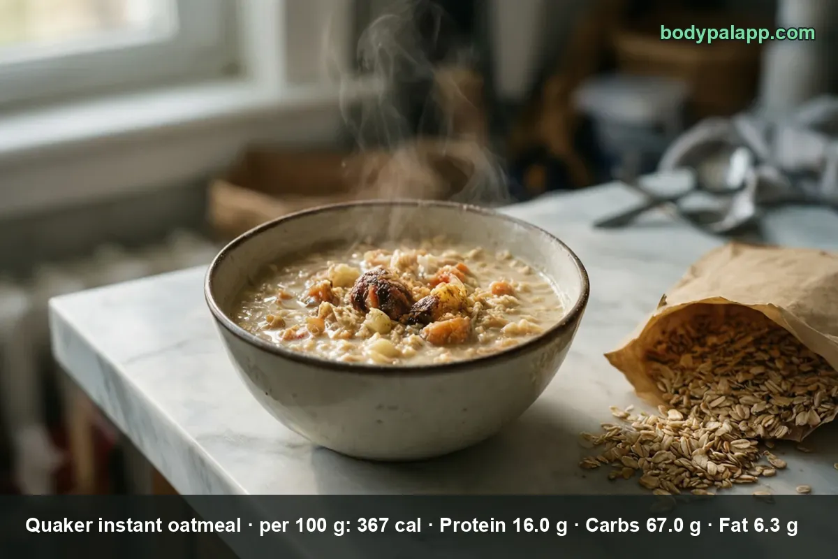 Bowl of cooked Quaker instant oatmeal topped with dried dates and apricots, steam rising, beside a paper packet of dry oats.
