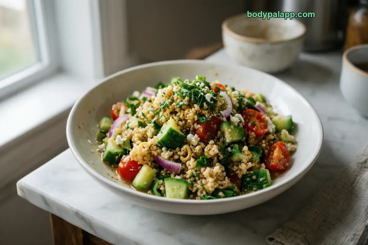 Quinoa salad, cooked quinoa, oil added