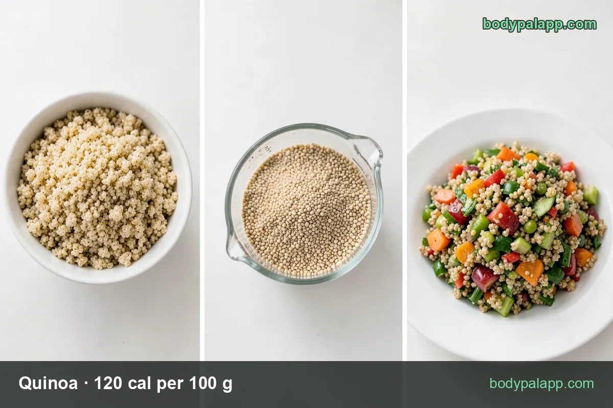 Cooked quinoa with serving labels: 1 cup cooked 185 g at 222 calories and 1/2 cup cooked 92.5 g at 111 calories