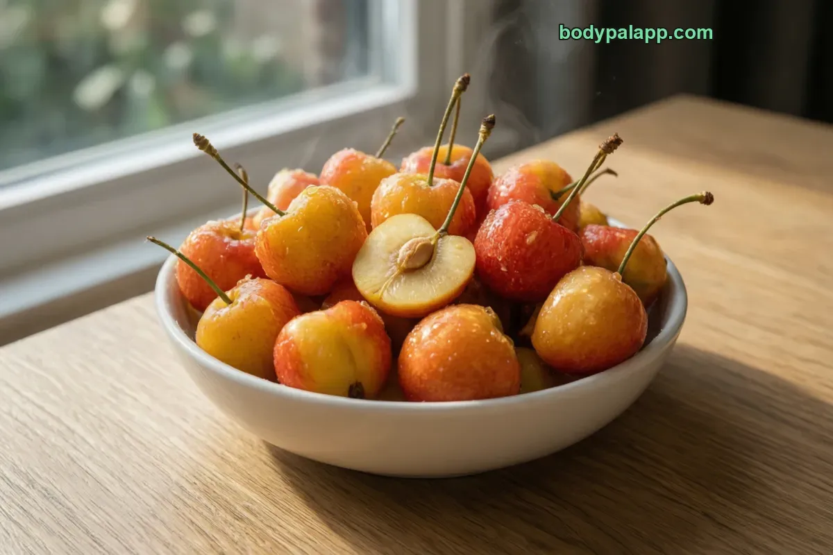 Rainier cherries, raw, pits removed