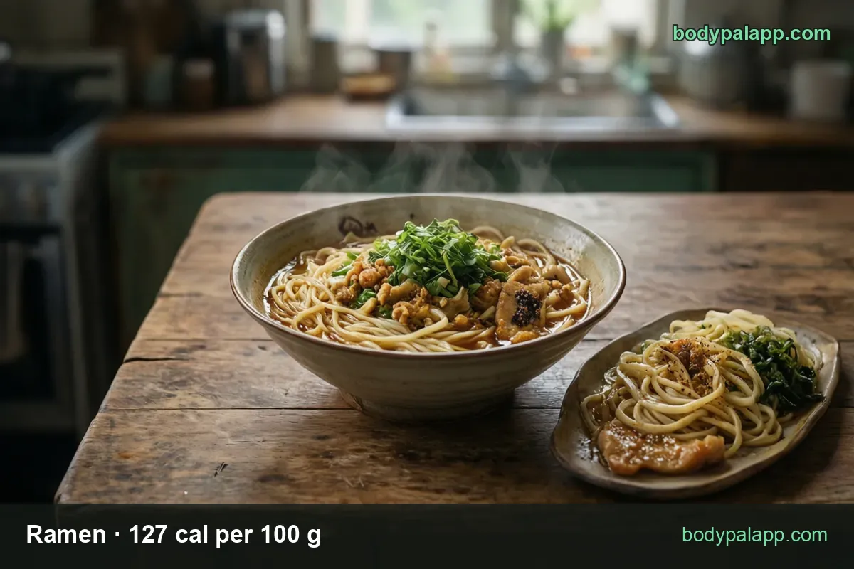 Large ramen bowl with broth, noodles, scallions and meat beside a flat plate of noodles, meat and greens; 1 bowl 490 g and 1 cup 245 g