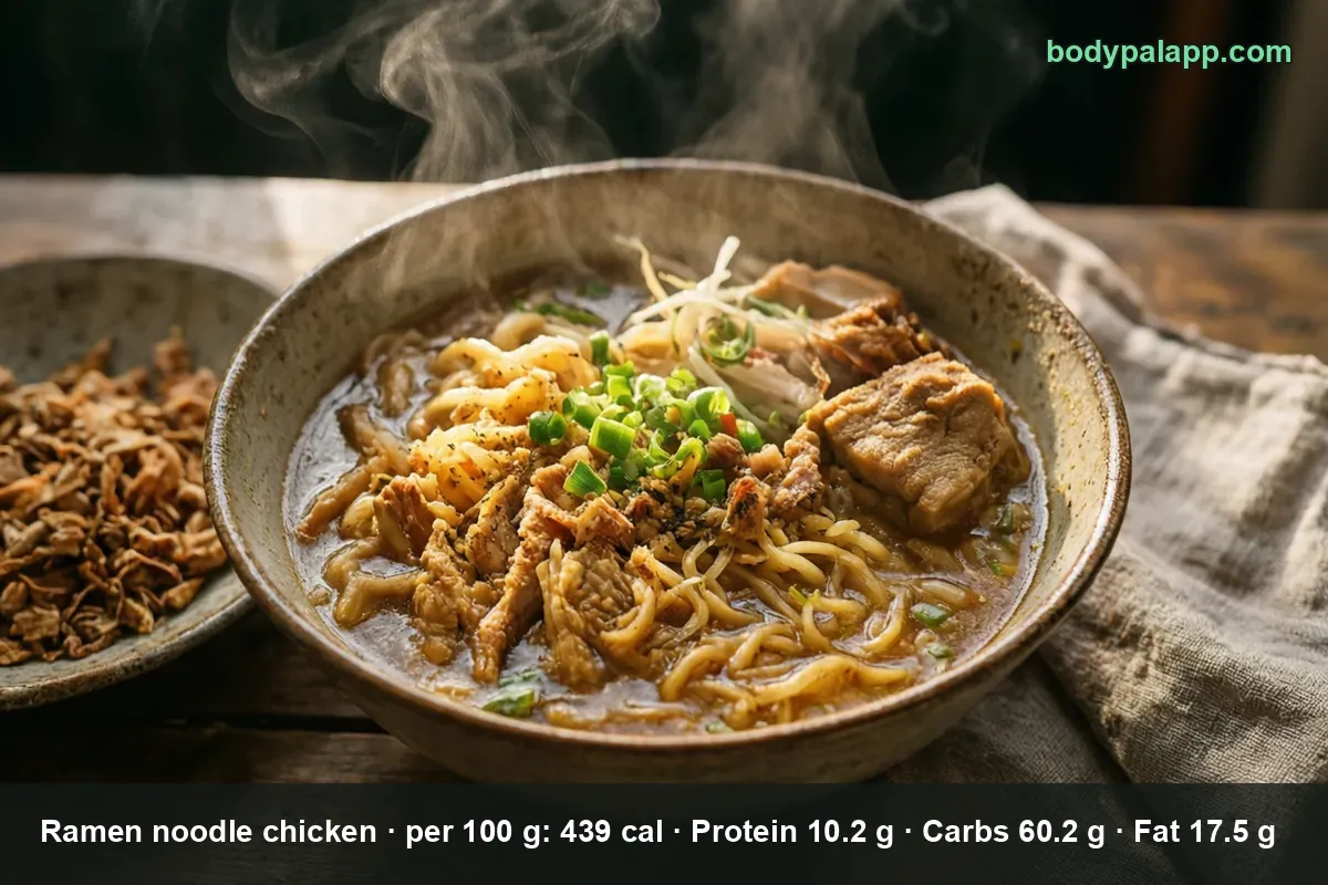 Bowl of chicken ramen with noodles, shredded chicken, meat pieces and onion, next to a plate of crispy fried pieces